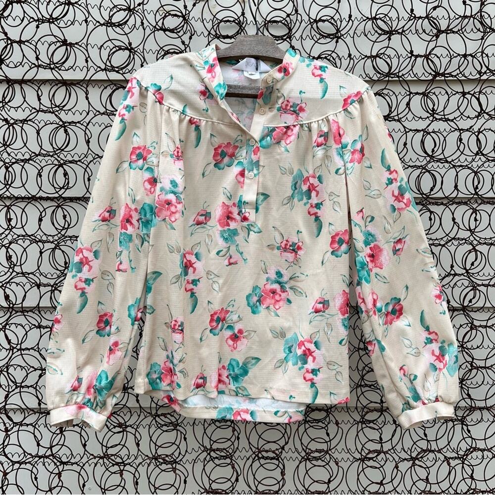 Vintage 60s DEVON butter cream pink green floral button down polyester blouse